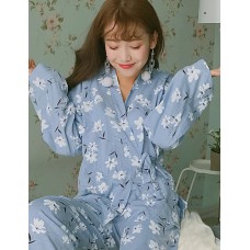 Spring and autumn cute Japanese cotton kimono pajamas female Korean long-sleeved cardigan thin section tracksuit suit